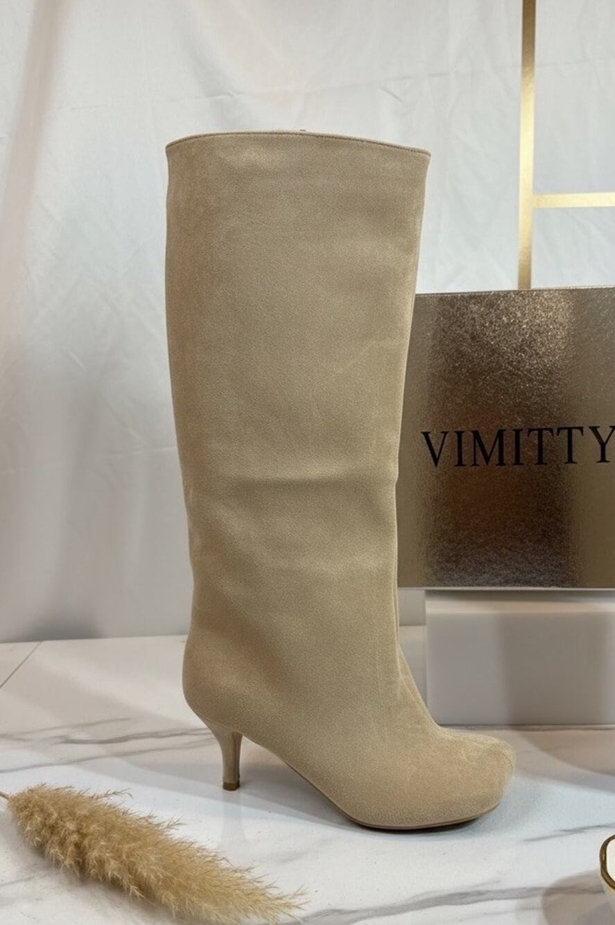 Vimitty Cream Faux Suede Knee High Boots Slouchy Square Toe Size 38 (U.S. 7.5)